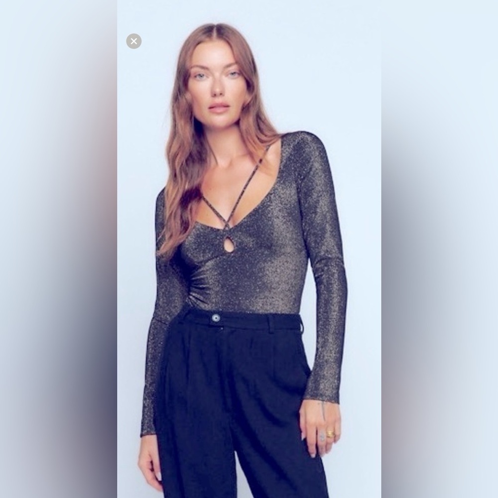 Reformation Metallic Glitter Long Sleeve Top - Black/Silver - Size [XL